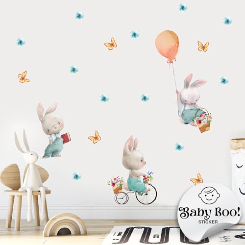 Baby Boo! Wandtattoo Kinderzimmer, Hasen auf Fahrrad mit Buch und Luftballons, Kinderzimmer Deko, Babyzimmer Deko, Wandsticker Kinderzimmer, Wandaufkleber Kinderzimmer, PVC,Wanddeko (90 x 30 cm) von Baby Boo!
