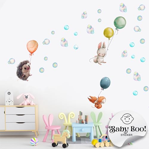 Baby Boo! Wandtattoo Kinderzimmer, Igel, Fuchs und Kaninchen mit Luftballons, Kinderzimmer Deko, Babyzimmer Deko, Sticker Kinderzimmer, Wandaufkleber Kinderzimmer, PVC, Wanddeko (90 x 30 cm) von Baby Boo!