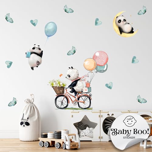 Baby Boo! Wandtattoo Kinderzimmer, Panda Bär mit Luftballon Fahrrad und Mond, Kinderzimmer Deko, Babyzimmer Deko, Wandsticker Kinderzimmer, Wandaufkleber Kinderzimmer, PVC, Wanddeko (90 x 30 cm) von Baby Boo!