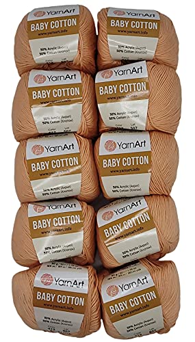 10 x 50g Strickwolle YarnArt Baby Cotton mit 50% Baumwolle, 500 Gramm Wolle einfarbig (apricot 412) von Baby Cotton