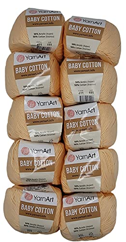 10 x 50g Strickwolle YarnArt Baby Cotton mit 50% Baumwolle, 500 Gramm Wolle einfarbig (apricot hell 411) von Baby Cotton
