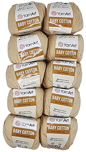 10 x 50g Strickwolle YarnArt Baby Cotton mit 50% Baumwolle, 500 Gramm Wolle einfarbig (beige 404) von Baby Cotton