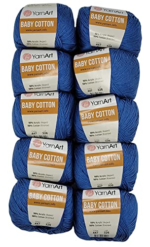 10 x 50g Strickwolle YarnArt Baby Cotton mit 50% Baumwolle, 500 Gramm Wolle einfarbig (blau 447) von Baby Cotton