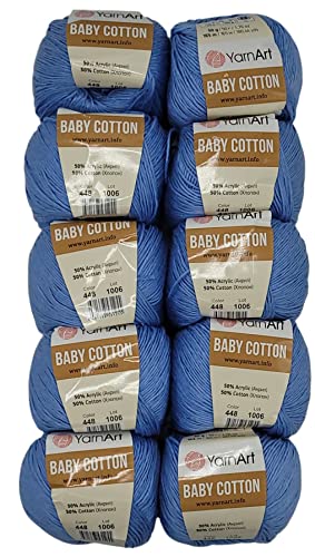 10 x 50g Strickwolle YarnArt Baby Cotton mit 50% Baumwolle, 500 Gramm Wolle einfarbig (blau 448) von Baby Cotton
