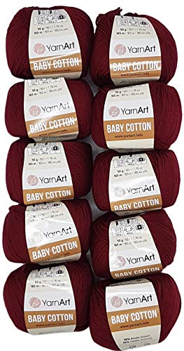 10 x 50g Strickwolle YarnArt Baby Cotton mit 50% Baumwolle, 500 Gramm Wolle einfarbig (bordeaux 428) von Baby Cotton
