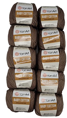 10 x 50g Strickwolle YarnArt Baby Cotton mit 50% Baumwolle, 500 Gramm Wolle einfarbig (braun 407) von Baby Cotton
