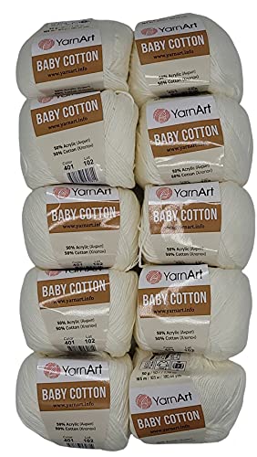 10 x 50g Strickwolle YarnArt Baby Cotton mit 50% Baumwolle, 500 Gramm Wolle einfarbig (creme 401) von Baby Cotton