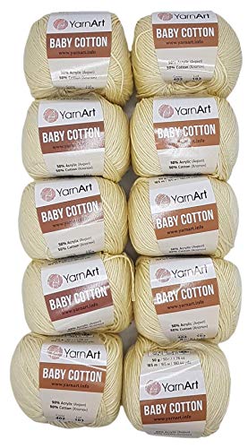10 x 50g Strickwolle YarnArt Baby Cotton mit 50% Baumwolle, 500 Gramm Wolle einfarbig (creme 402) von Baby Cotton