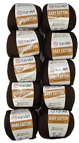10 x 50g Strickwolle YarnArt Baby Cotton mit 50% Baumwolle, 500 Gramm Wolle einfarbig (dunkelbraun 408) von Baby Cotton