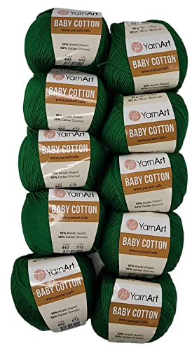 10 x 50g Strickwolle YarnArt Baby Cotton mit 50% Baumwolle, 500 Gramm Wolle einfarbig (dunkelgrün 442) von Baby Cotton