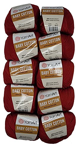 10 x 50g Strickwolle YarnArt Baby Cotton mit 50% Baumwolle, 500 Gramm Wolle einfarbig (dunkelrot 427) von Baby Cotton