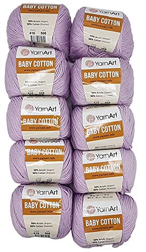 10 x 50g Strickwolle YarnArt Baby Cotton mit 50% Baumwolle, 500 Gramm Wolle einfarbig (flieder 416) von Baby Cotton