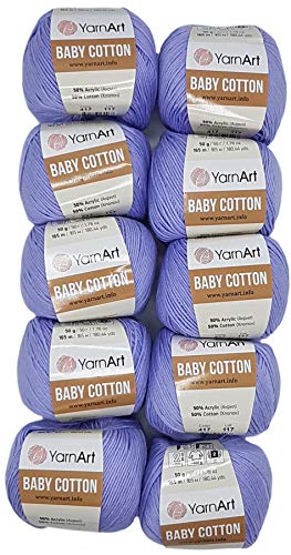 10 x 50g Strickwolle YarnArt Baby Cotton mit 50% Baumwolle, 500 Gramm Wolle einfarbig (flieder 417) von Baby Cotton