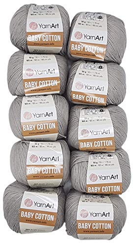 10 x 50g Strickwolle YarnArt Baby Cotton mit 50% Baumwolle, 500 Gramm Wolle einfarbig (grau 406) von Baby Cotton