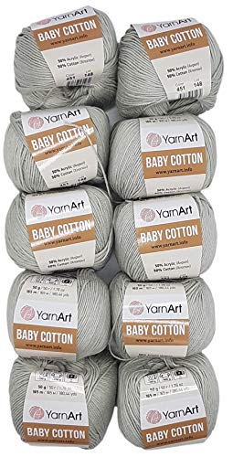 10 x 50g Strickwolle YarnArt Baby Cotton mit 50% Baumwolle, 500 Gramm Wolle einfarbig (grau 451) von Baby Cotton
