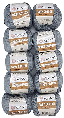 10 x 50g Strickwolle YarnArt Baby Cotton mit 50% Baumwolle, 500 Gramm Wolle einfarbig (grau 452) von Baby Cotton