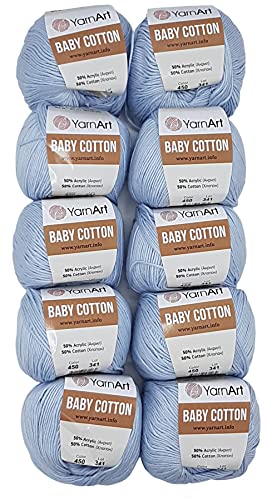 10 x 50g Strickwolle YarnArt Baby Cotton mit 50% Baumwolle, 500 Gramm Wolle einfarbig (graublau 450) von Baby Cotton