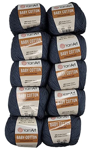 10 x 50g Strickwolle YarnArt Baby Cotton mit 50% Baumwolle, 500 Gramm Wolle einfarbig (graublau 453) von Baby Cotton