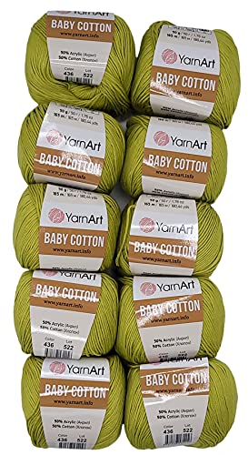 10 x 50g Strickwolle YarnArt Baby Cotton mit 50% Baumwolle, 500 Gramm Wolle einfarbig (grün 436) von Baby Cotton