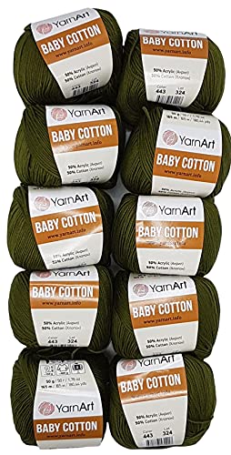 10 x 50g Strickwolle YarnArt Baby Cotton mit 50% Baumwolle, 500 Gramm Wolle einfarbig (grün 443) von Baby Cotton
