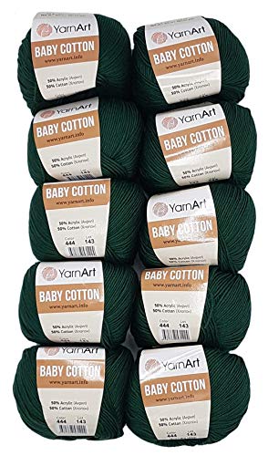 10 x 50g Strickwolle YarnArt Baby Cotton mit 50% Baumwolle, 500 Gramm Wolle einfarbig (grün 444) von Baby Cotton