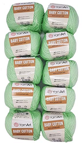 10 x 50g Strickwolle YarnArt Baby Cotton mit 50% Baumwolle, 500 Gramm Wolle einfarbig (kiwi 435) von Baby Cotton