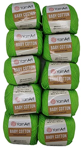 10 x 50g Strickwolle YarnArt Baby Cotton mit 50% Baumwolle, 500 Gramm Wolle einfarbig (kiwi 438) von Baby Cotton
