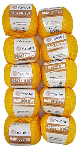 10 x 50g Strickwolle YarnArt Baby Cotton mit 50% Baumwolle, 500 Gramm Wolle einfarbig (kurkuma 432) von Baby Cotton