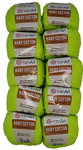 10 x 50g Strickwolle YarnArt Baby Cotton mit 50% Baumwolle, 500 Gramm Wolle einfarbig (neongrün 430) von Baby Cotton