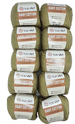 10 x 50g Strickwolle YarnArt Baby Cotton mit 50% Baumwolle, 500 Gramm Wolle einfarbig (oliv 434) von Baby Cotton