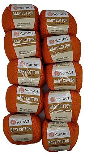 10 x 50g Strickwolle YarnArt Baby Cotton mit 50% Baumwolle, 500 Gramm Wolle einfarbig (orange 421) von Baby Cotton