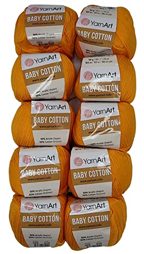 10 x 50g Strickwolle YarnArt Baby Cotton mit 50% Baumwolle, 500 Gramm Wolle einfarbig (orange 425) von Baby Cotton