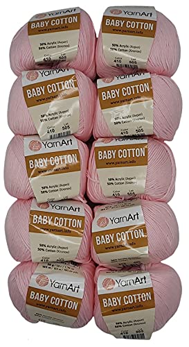10 x 50g Strickwolle YarnArt Baby Cotton mit 50% Baumwolle, 500 Gramm Wolle einfarbig (rosa 410) von Baby Cotton