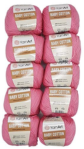 10 x 50g Strickwolle YarnArt Baby Cotton mit 50% Baumwolle, 500 Gramm Wolle einfarbig (rosa 414) von Baby Cotton