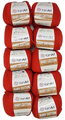 10 x 50g Strickwolle YarnArt Baby Cotton mit 50% Baumwolle, 500 Gramm Wolle einfarbig (rot 426) von Baby Cotton