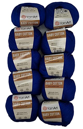 10 x 50g Strickwolle YarnArt Baby Cotton mit 50% Baumwolle, 500 Gramm Wolle einfarbig (royal blau 456) von Baby Cotton