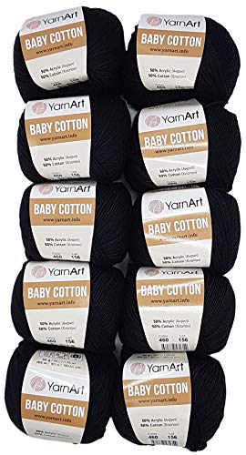 10 x 50g Strickwolle YarnArt Baby Cotton mit 50% Baumwolle, 500 Gramm Wolle einfarbig (schwarz 460) von Baby Cotton