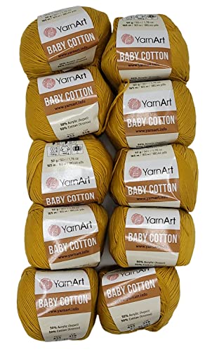 10 x 50g Strickwolle YarnArt Baby Cotton mit 50% Baumwolle, 500 Gramm Wolle einfarbig (senf 433) von Baby Cotton