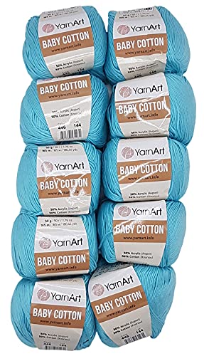 10 x 50g Strickwolle YarnArt Baby Cotton mit 50% Baumwolle, 500 Gramm Wolle einfarbig (turkis 446) von Baby Cotton