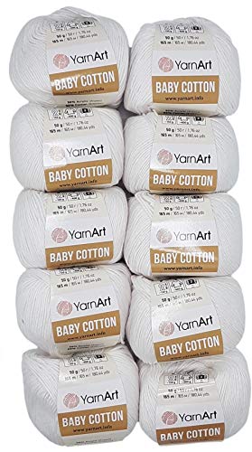 10 x 50g Strickwolle YarnArt Baby Cotton mit 50% Baumwolle, 500 Gramm Wolle einfarbig (weiß 400) von Baby Cotton