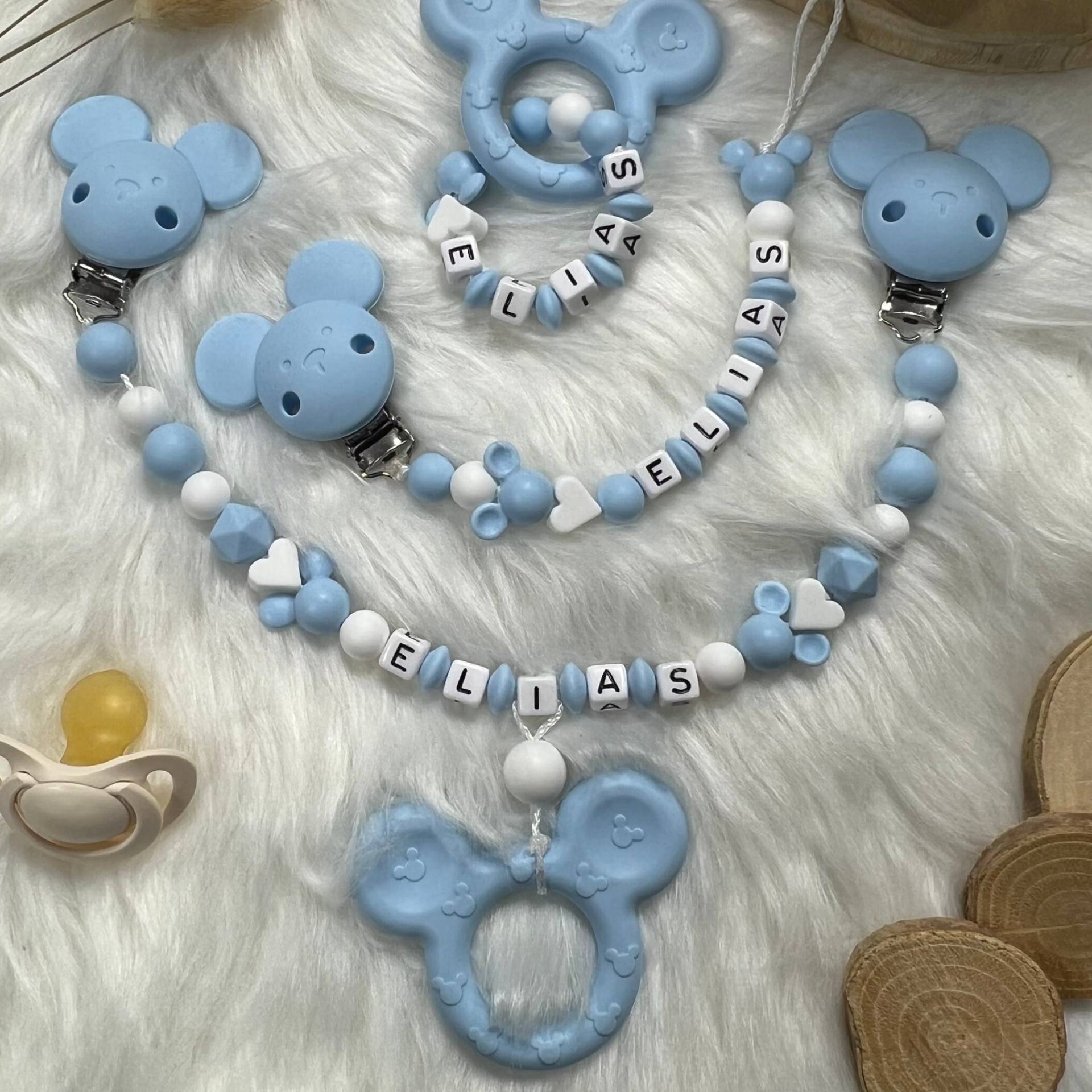 Set L | Greifling, Schnullerkette, Kinderwagenkette, Design Himmelblau | Personalisiert Unikat Handgefertigt Geschenk Set L | Greifling, Schnullerkette, Kinderwagenkette, Design Himmelblau | Personalisiert Unikat Handgefertigt Geschenk von BabyKettchen