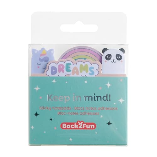 Back2Fun Kawaii Dreams Haftnotizen, 4 Blöcke, 120 Blatt, Sticky Notes mit Regenbogen- und Tiermotiven, Papier 80 g/m², ideal zum Dekorieren von Tagebüchern, Notizbüchern und Notizbüchern von Back2Fun