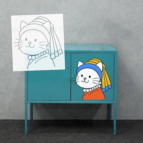 S592 Malschablonen für Wände, bezaubernde Katzenmädchen mit Perlen, 41 cm, künstlerische Vorlage zum Bemalen, Heimdekoration, Basteln an der Wand, große Wandkunst von 壁涂鸥 BackgroundTurnOver