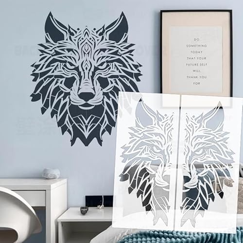 S623 Wandschablone mit Wolfskopf-Silhouette, wirbelndes Tribal-Muster, wiederverwendbar, Gips, großes Wandbild für Spachtelmasse, Boden, Decke, 83 cm von 壁涂鸥 BackgroundTurnOver