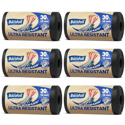 Bacofoil Ultra widerstandsfähige Müllbeutel mit Kordelzuggriffen, 30 l, auslaufsicher und reißfest, 30 l Müllbeutel mit Ultra-Schutz-Technologie (6 Rollen, 72 Beutel) von Bacofoil