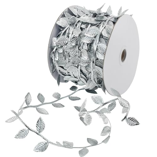 Bacucine Leaf Ribbon 32 Yards Gold Leaves Trim künstliche Blätter für Kranz Making Home Hochzeit Weihnachten Dekor (Silber) von Bacucine