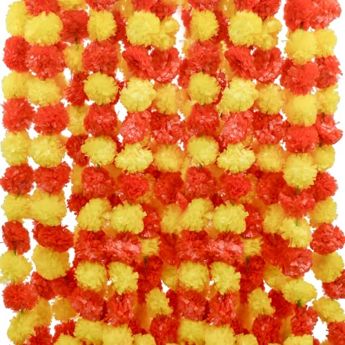 Bacucine Ringelblumen-Girlande zur Dekoration, 6 Stück, Blumengirlande, 152 cm, künstliche Ringelblumen-Blumen für Pooja, Hochzeit, Weihnachten, Halloween, Diwali-Dekor (Orange + Gelb) von Bacucine
