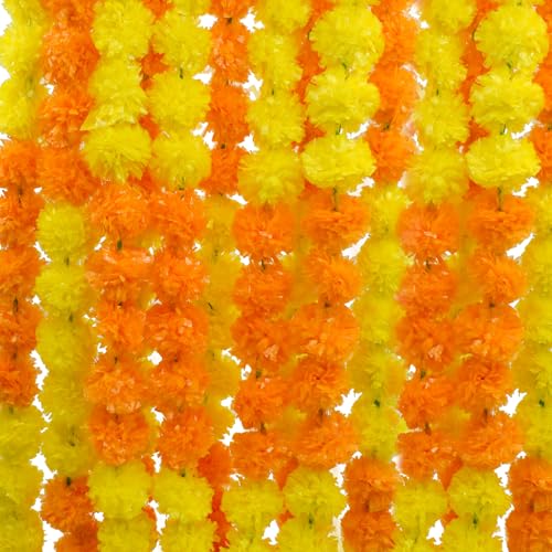 Bacucine Ringelblumen-Girlande zur Dekoration, 6 Stück, Blumengirlande, 152 cm, künstliche Ringelblumen-Blumen für Pooja, Hochzeit, Weihnachten, Halloween, Diwali-Dekor (gelb + orange) von Bacucine