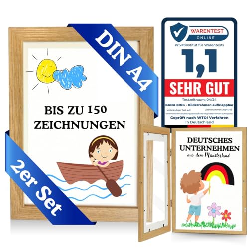 Bada Bing 2er Set Bilderrahmen DIN A4 für Kinderzeichnungen in Holz Optik - Kunstfotorahmen aufklappbar mit Frontöffnung für bis zu 150 Kinderbilder - Befüllbarer Fotorahmen - Kunst Sammeln Bildern von Bada Bing