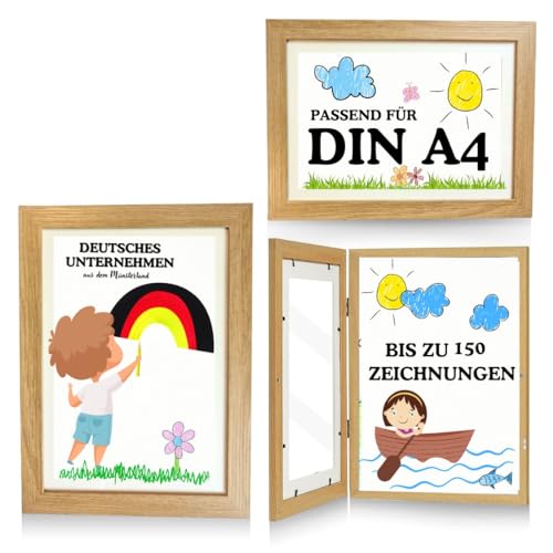 Bada Bing Bilderrahmen DIN A4 für Kinderzeichnungen in Holz Optik - Kunstfotorahmen aufklappbar mit Frontöffnung für bis zu 150 Kinderbilder - Befüllbarer Fotorahmen - Kunst zum Sammeln von Bildern von Bada Bing